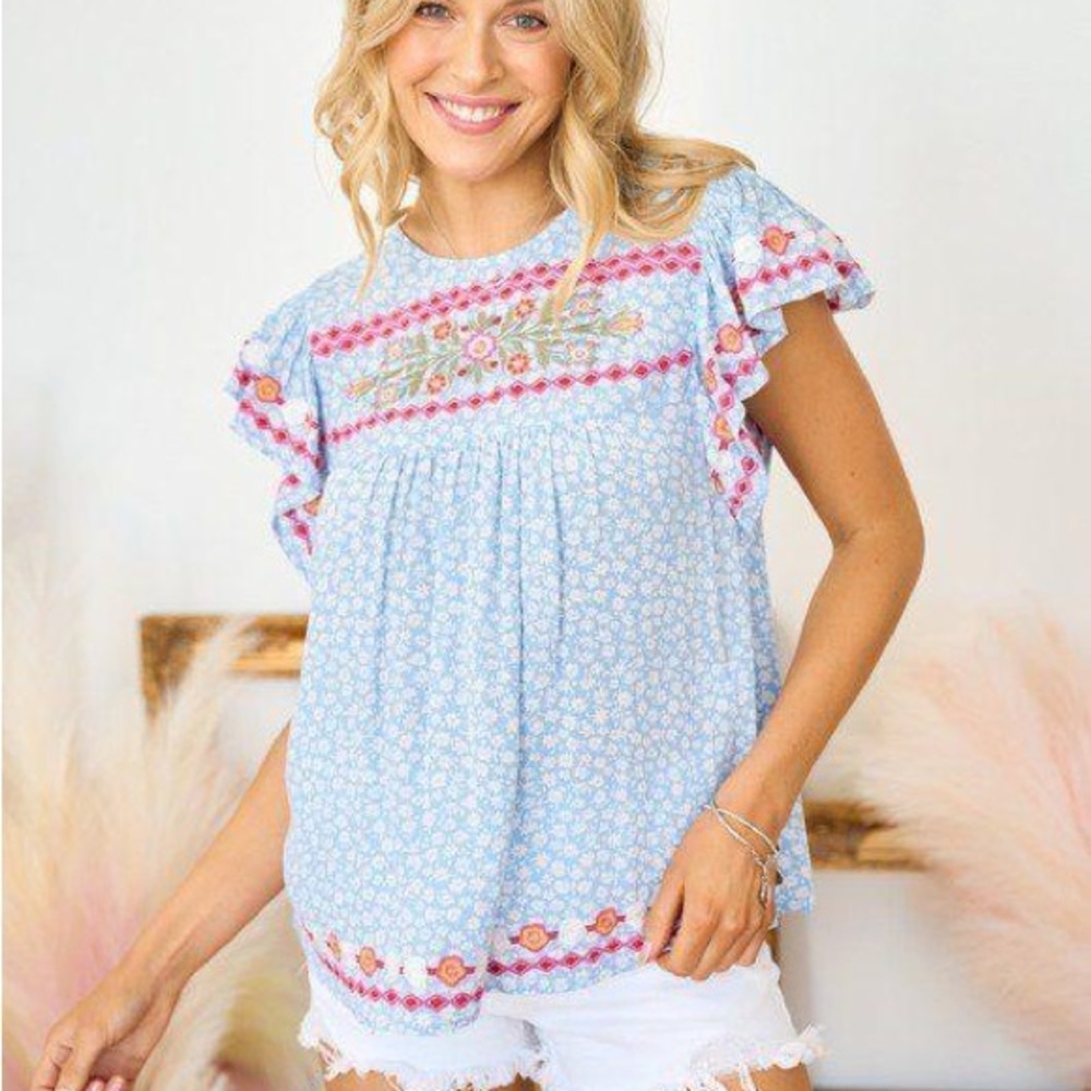 Hailey & co Embroidered flutter sleeve blouse